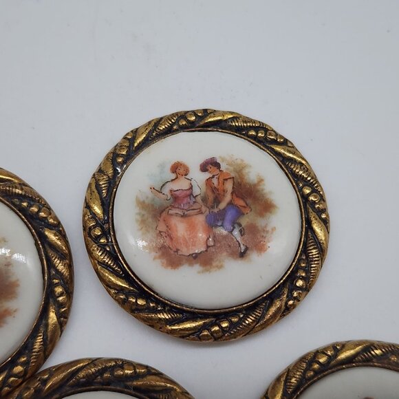 Vintage Porcelain Pendant on Brass Frame Embellishments Courting Couple Set of 8 - Picture 7 of 9